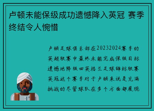 卢顿未能保级成功遗憾降入英冠 赛季终结令人惋惜 卢顿未能保级成功遗憾降入英冠 赛季终结令人惋惜