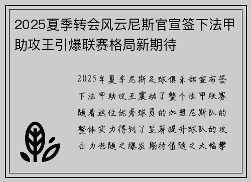 2025夏季转会风云尼斯官宣签下法甲助攻王引爆联赛格局新期待 2025夏季转会风云尼斯官宣签下法甲助攻王引爆联赛格局新期待